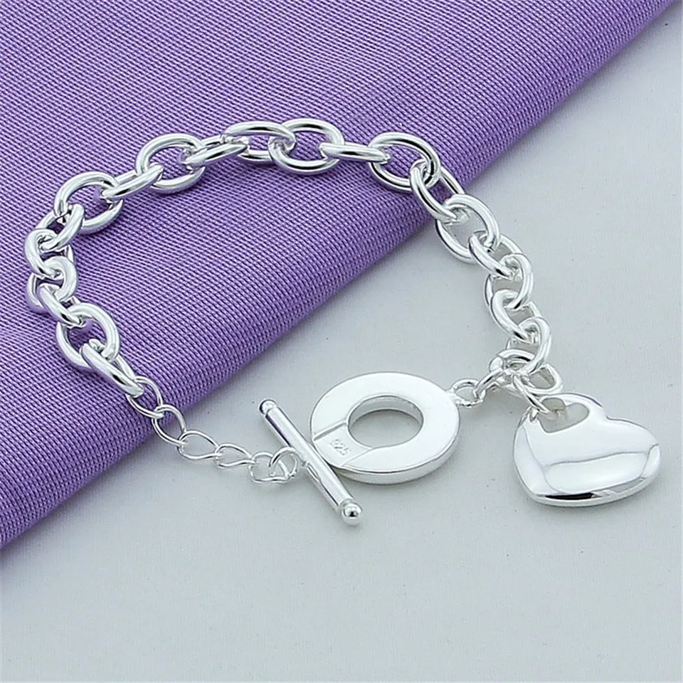 Fashion 925 Sterling Silver Solid Heart Pendant Bracelet For Woman Charm Wedding Engagement Party Jewelry Gift