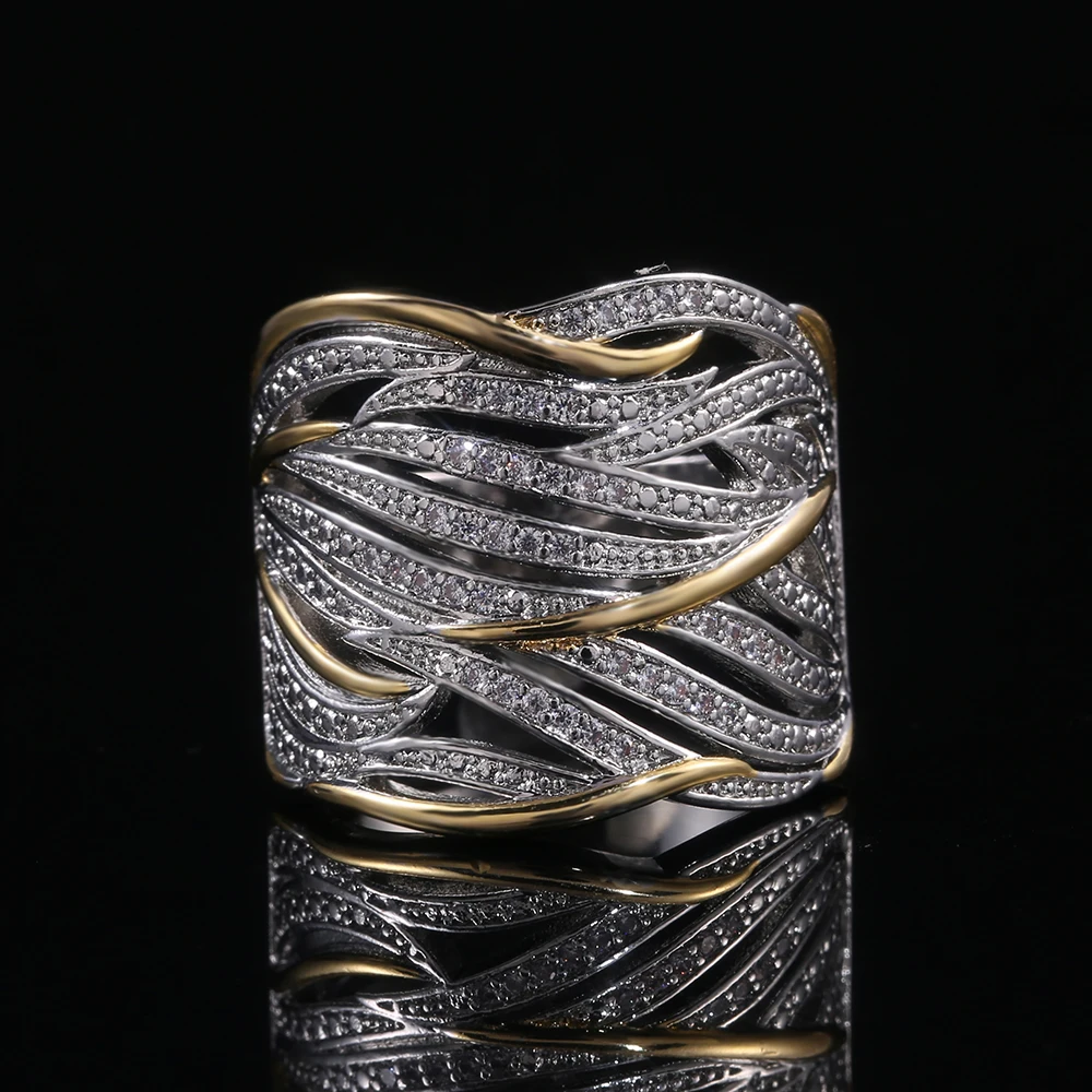 Huitan Zwei Ton Persönlichkeit Frauen Ring Aushöhlen Geometrische Form Dame Party Zubehör Weibliche Metallic Ringe Mode Schmuck