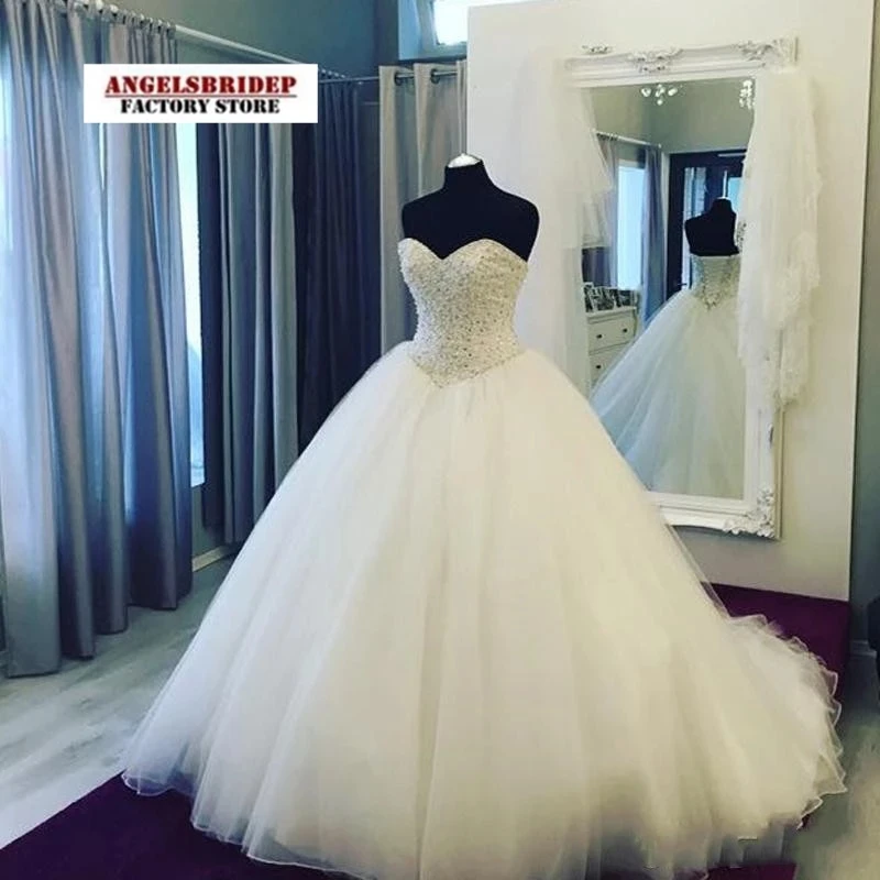 

New Arrival Ball Gown Wedding Dress 2021 Robe De Mariee Sparkly Pearls Crystals Tulle Formal Bridal Gown Plus Size Court Train