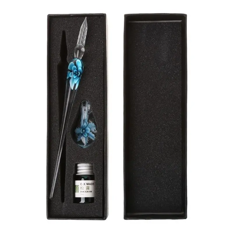 Glass Calligraphy Pen Crystal Glass Dip Ink Pen Set Non-Carbon Ink Signature Pens Writing Tools GK99