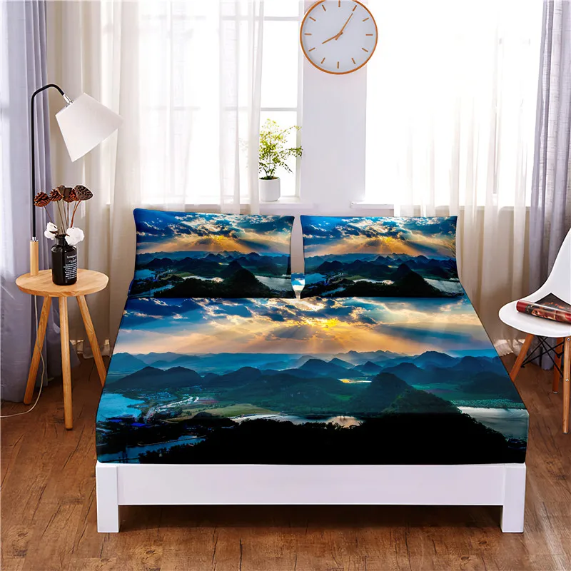 

Scenery Digital Printed 3pc Polyester Fitted Sheet Mattress Cover Four Corners with Elastic Band Bed Sheet Pillowcases