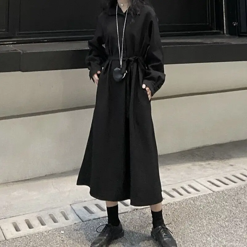 

Ladies Dress Long Sleeve Shirt Skirt A Edition Skirt Spring And Autumn New Solid Color Lapel Waist Single Breasted Long Skirt