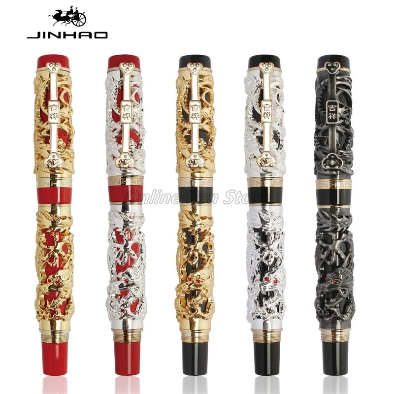 Jinhao Vintage Metal Carving Embossing Dragon And Phoenix Medium Nib Heavy Fountain Pen Noble Office School