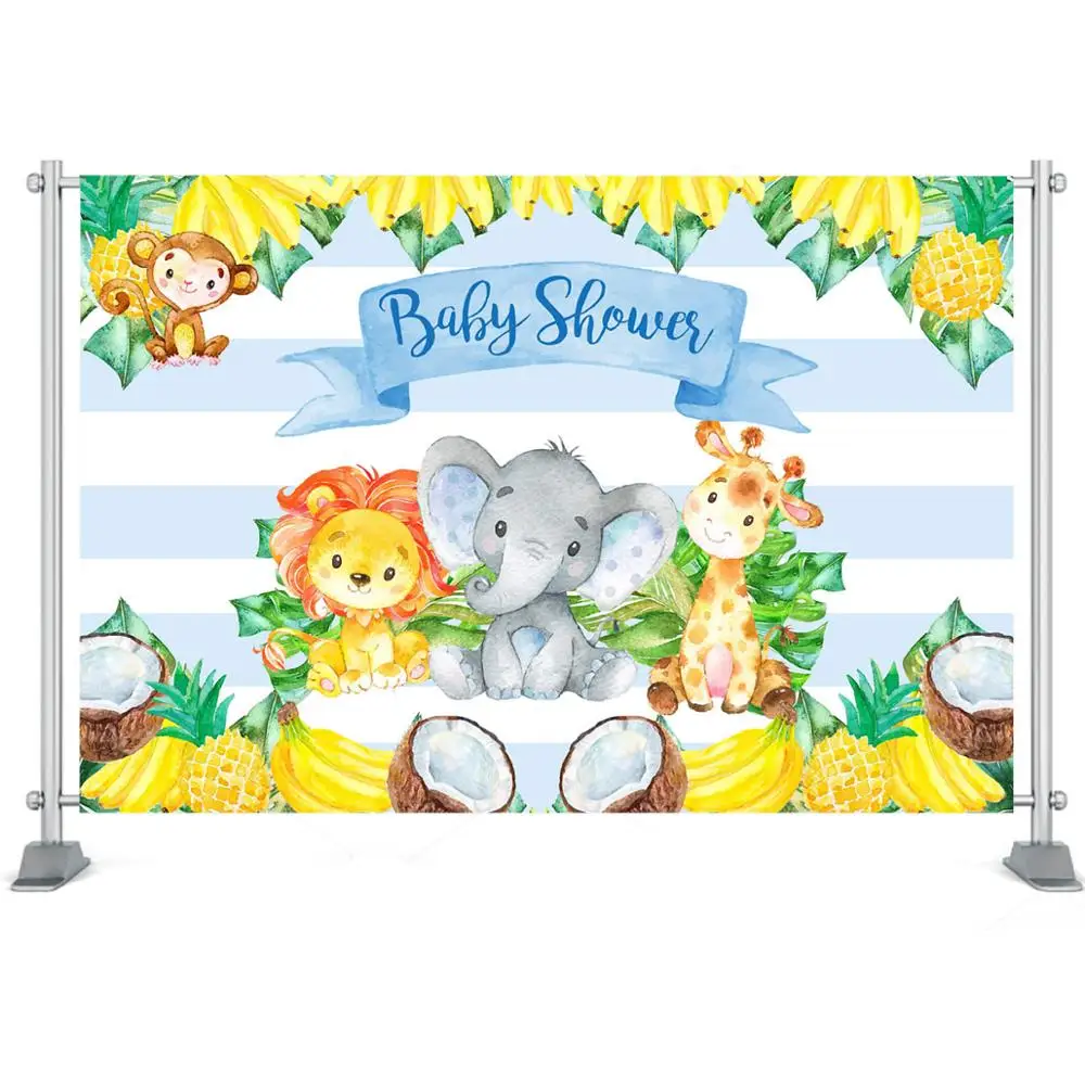 사파리 베이비 샤워 배경 사파리 동물과 과일 배경 소년 베이비 샤워 파티 장식 배너