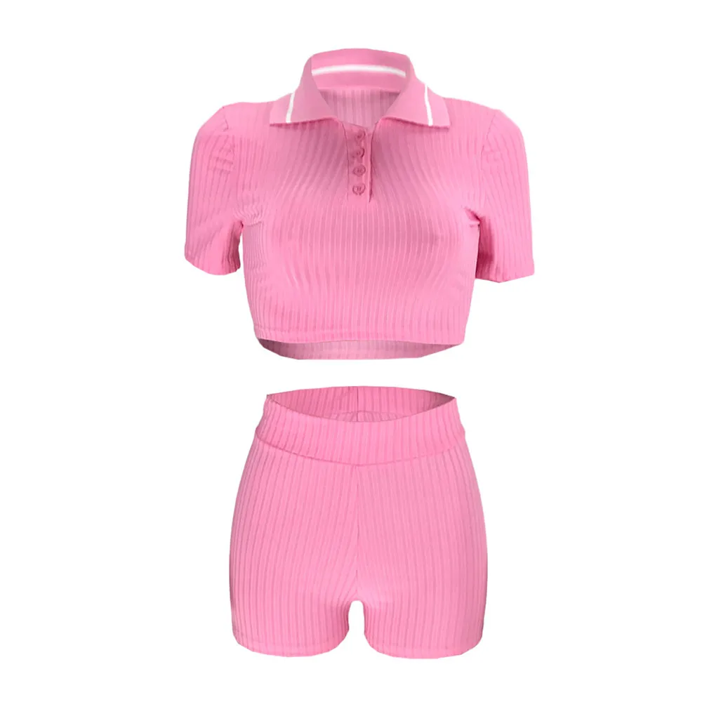 Knitting Ribbed Two Piece Short Set for Women Fall Clothes Short Sleeve Bodycon Outfits Button Crop Top and Shorts Co-ord Set