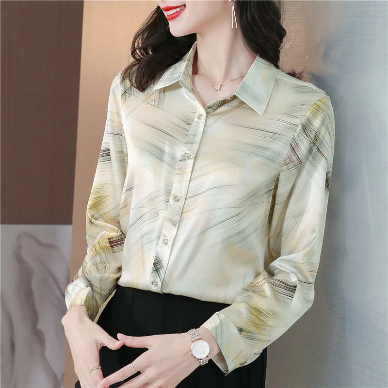 Striped Satin Silk Shirt Women Tops Spring Autumn Blouses Elegant Fashion Print Office Ladies Work Shirts Clothes 2022 New