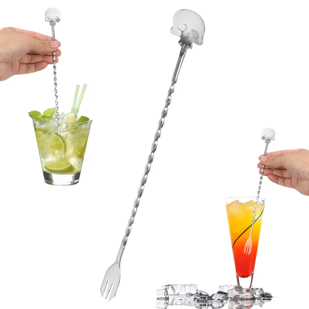 Stirrer Bar Spoon Swizzle Sticks Mixing Fork Cocktail Pick Skull Bar Spoon Stainless Steel 25cm Kitchen Tools