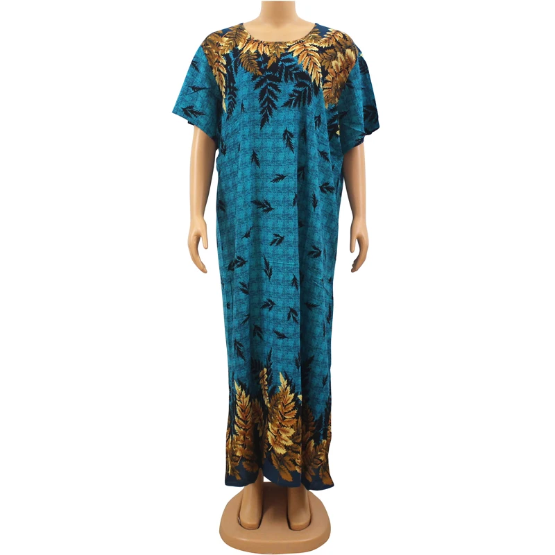 O-Neck Short Sleeve Women Summer Maxi Dresses with Scarf Blue Leaves Print Ethnic Style African Dashiki Dresses