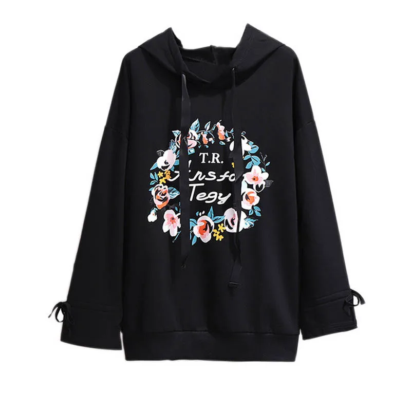 150Kg Plus Size Women's Spring Autumn Hooded Printed Sweatshirt Bust 155cm 6XL 7XL 8XL 9XL 10XL Long-Sleeved Top Black White