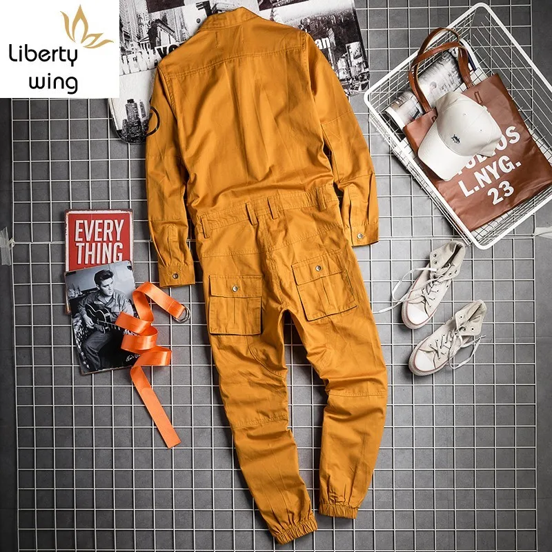 Autumn Hip Hop Mens Jumpsuits Long Sleeve One Piece Vintage Joggers Overalls Korean Casual Loose Rompers Full Length Pants