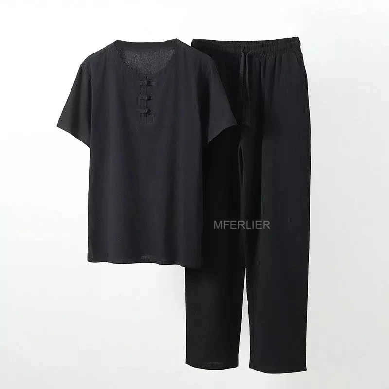 plus size 9XL 160kg summer men linen pajamas Short Sleeve T-shirt and pants Chinese style vintage tees elasticity pajamas