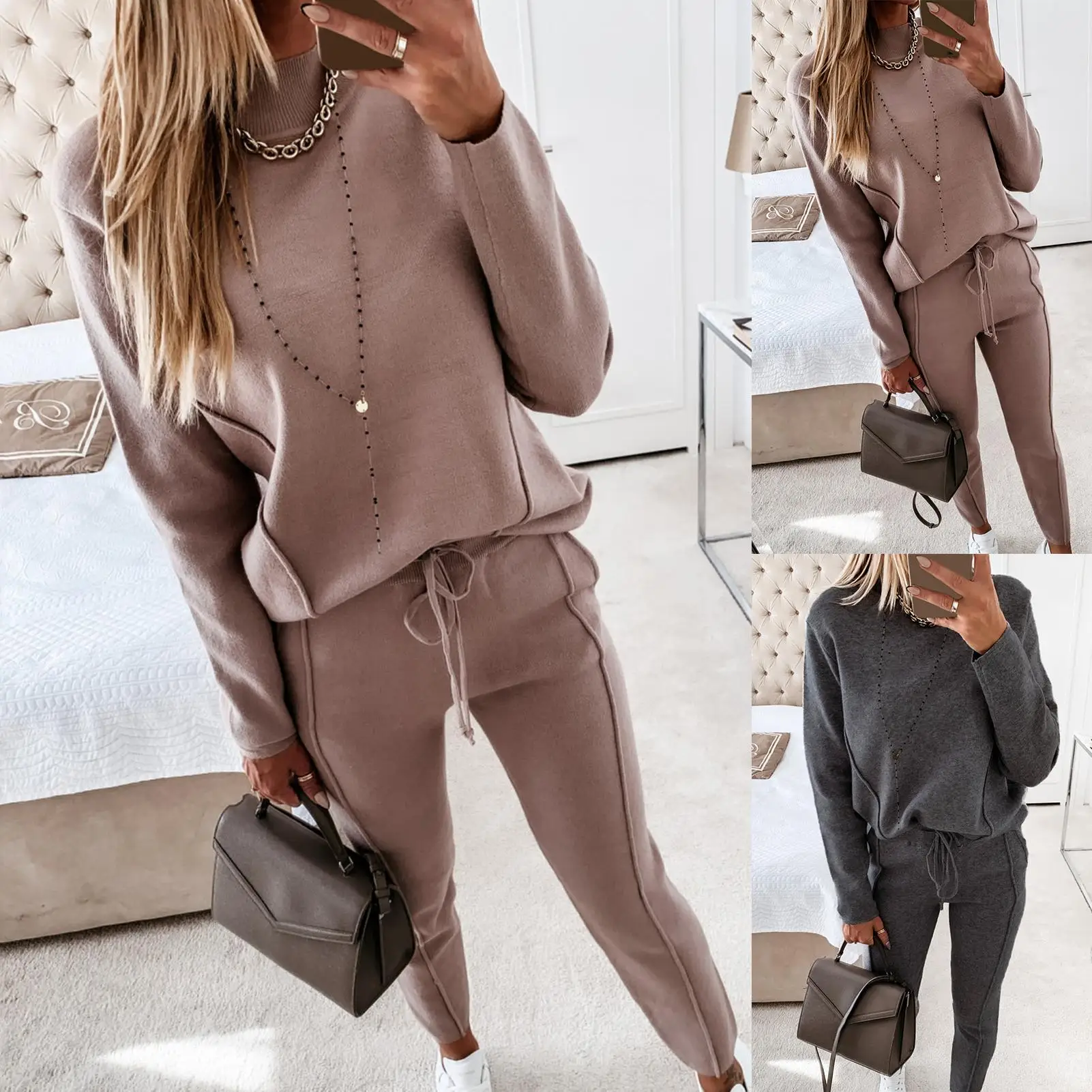 Women\'s Tracksuit Two Pieces Autumn Fashion Solid Casual Long Sleeve Pullover Outfits High Waist Bandage Pants Oversized Hoodies