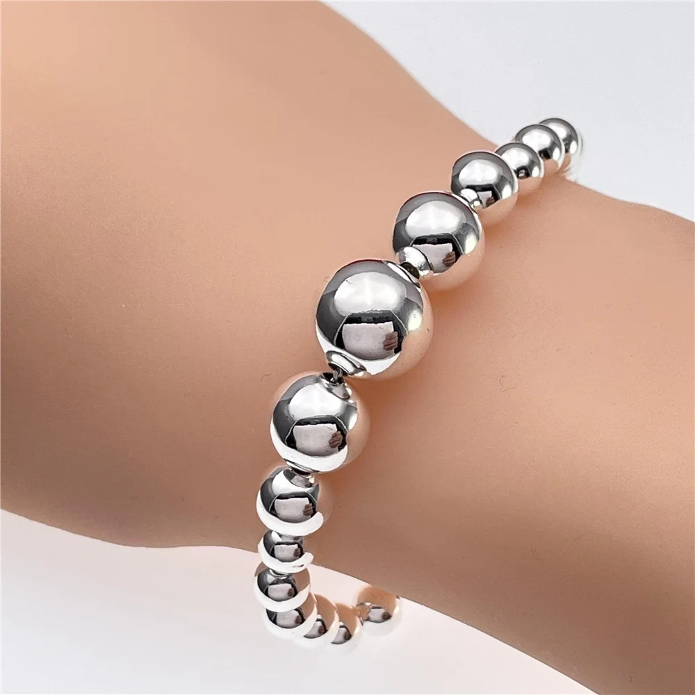 925 Sterling Silver Bracelet, Soft Size Sterling Silver Gradient Size With Beads And Chain, Women'S Jewelry For Wedding And Enga