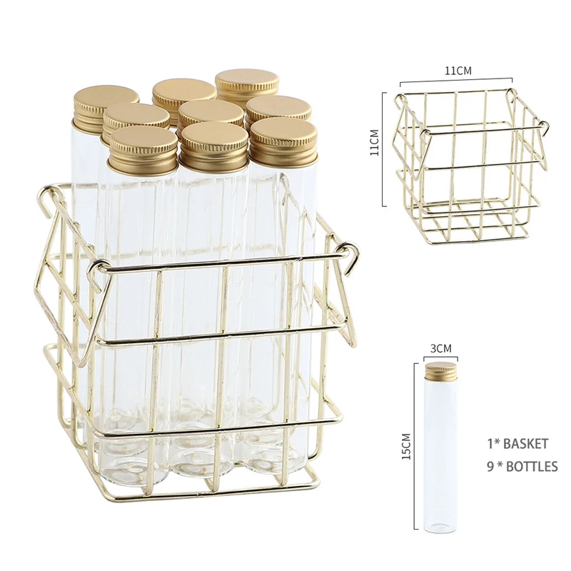 Modern Storage Basket with 9 Aluminum Lid Glass Bottles Golden Metal Shelf Tea Caddy Coffee Beans Candy Jar