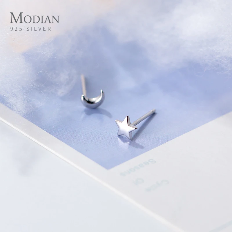 Modian Fashion Minimalist Star Moon Asymmetry 100% 925 Sterling Silver Anti-Allergy Stud Earring for Women Fine Jewelry Brincos image 3