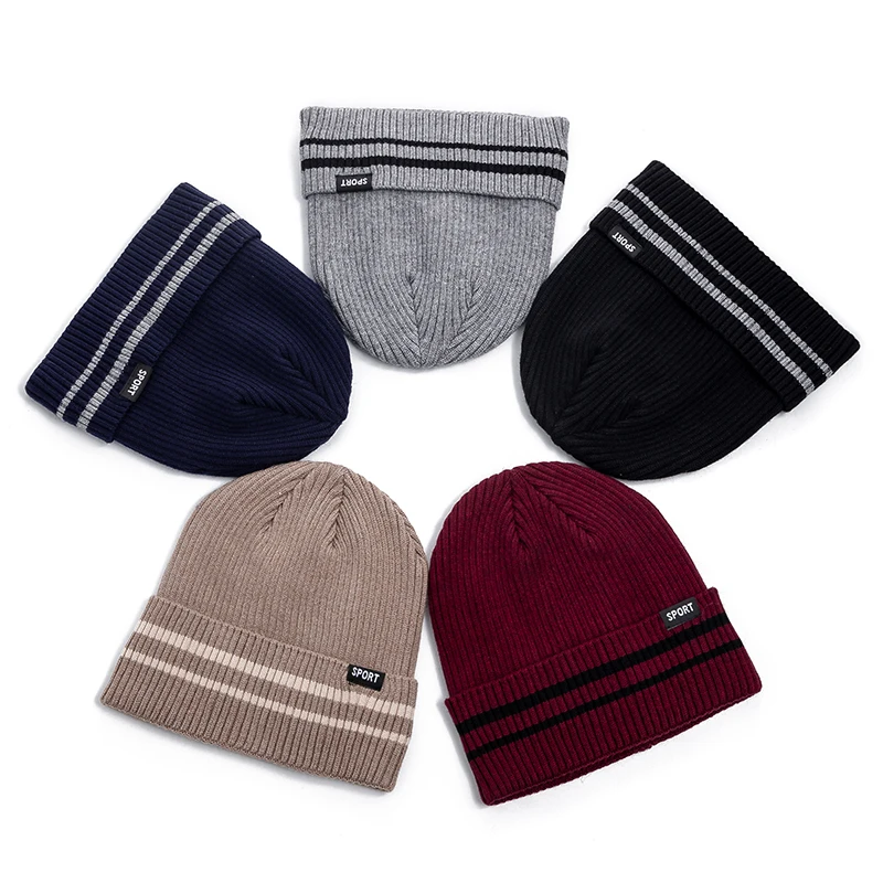 New Unisex Winter Hat Add Fleece Warm Cap Stylish Striped Soft Beanie Hat For Men Women Outdoor Thicken Ski Sports Knitted Hat