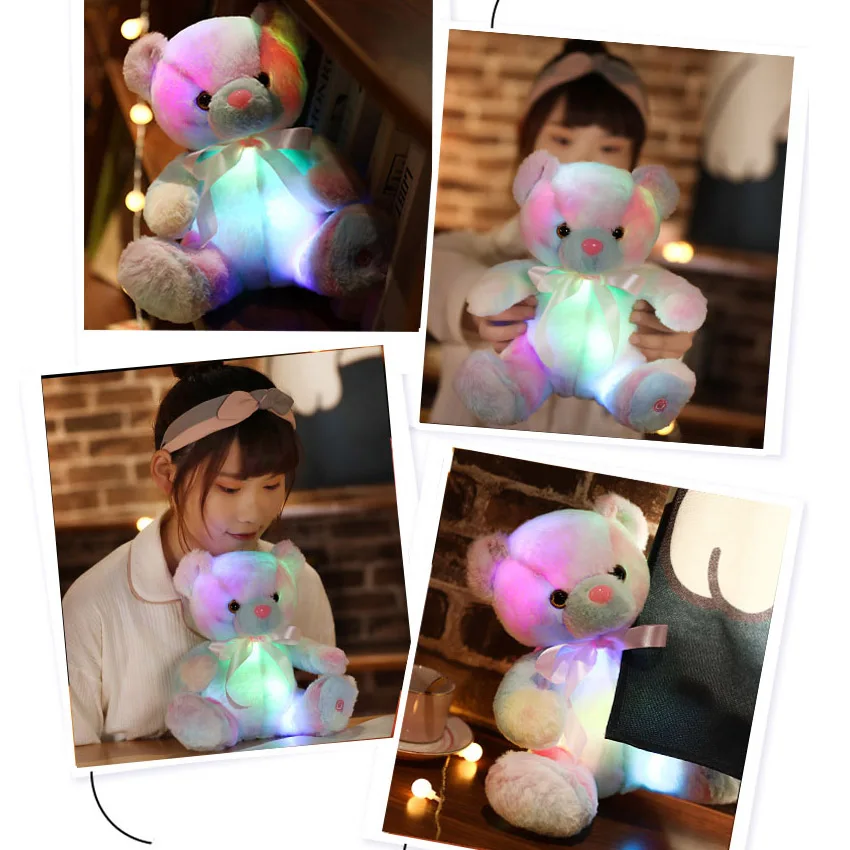 28cm Creative Light Up LED Bear Stuffed Animals Plush Toy Doll Colorful Glowing Christmas Gift Pillow