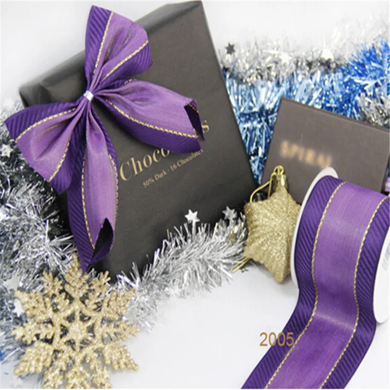 N2005 63mm Christmas purple satin ribbon gift packaging wired edge ribbon 25yards roll