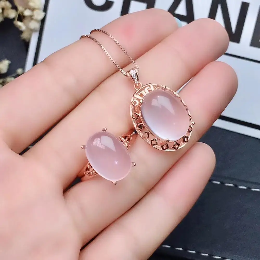 KJJEAXCMY boutique jewelry 925 sterling silver inlaid Natural powder crystal Rose Quartz pendant ring set support detection