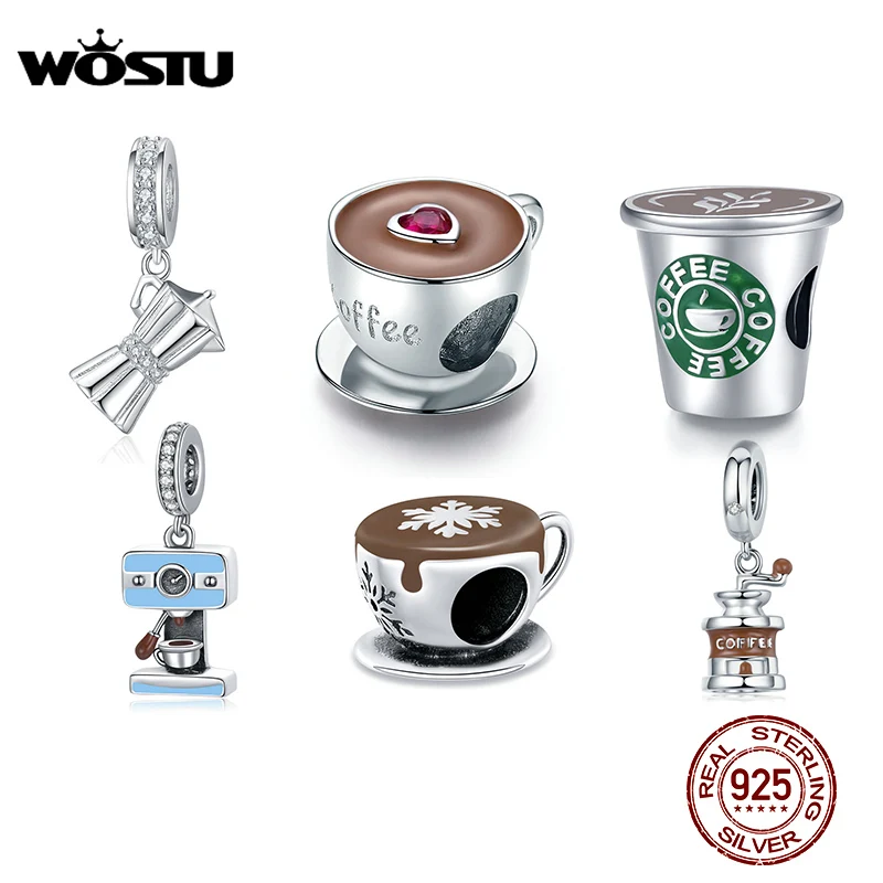 WOSTU Silver Coffee Cup Charm Zircon 925 Sterling Silver Cafe Bead Fit Original Bracelet & Bangle DIY Pendant Jewelry For Women