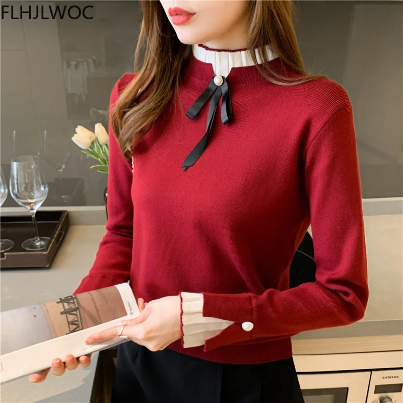 New Year Autumn Winter Basis Pullovers Jumpers Long Sleeve Casual Loose Japan Cute Sweet Girls Bow Tie Red Knitted Sweaters