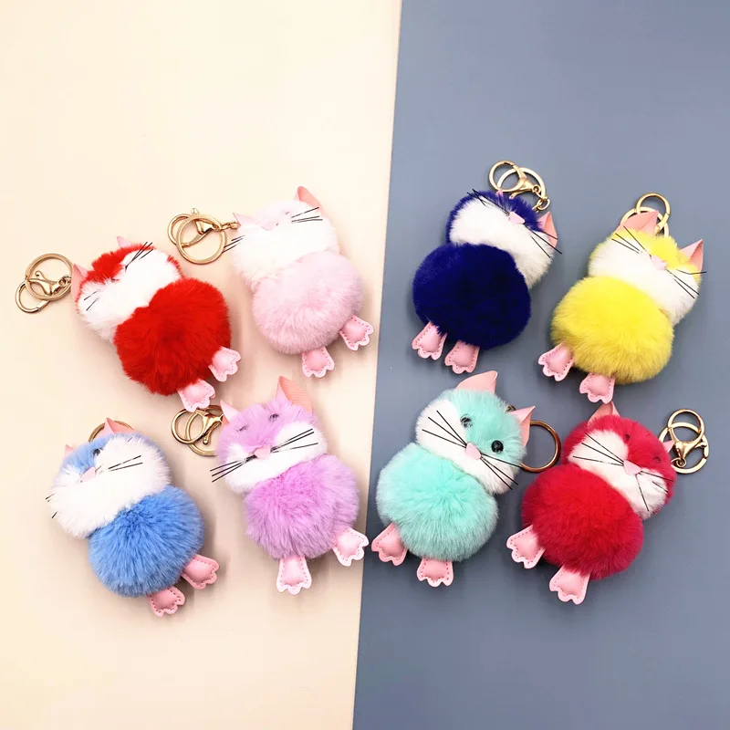 Cute Cat Keychain Fluffy Faux Rabbit Fur Chain Lovely Kitty Bag Pendant Holder Cartoon Plush Car Key Ring Women Gift