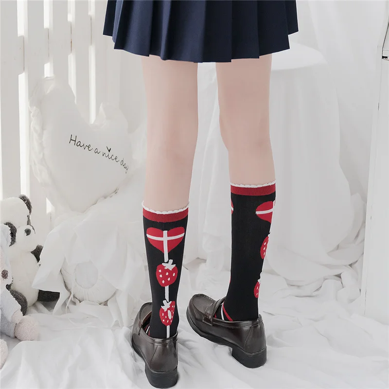 Harajuku Cute Strawberry Women High Socks Japanese Style Lolita Korean Kawaii Print Anime Girls Jk Funny Black Long Socks Set