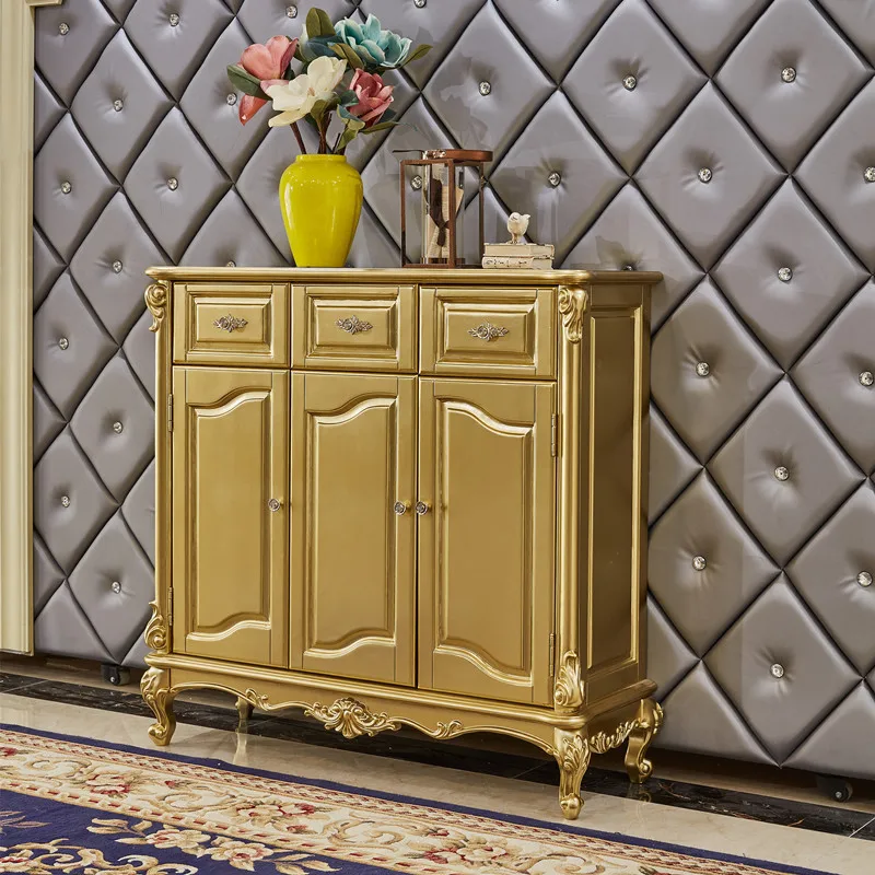 Champagne European-style Shoe Cabinet All Solid Wood Carved Shoe Cabinet Luxury Storage Cabinet Large Capacity Side