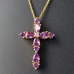 Purple Crystal Amethyst Gemstones Cross Pendant Necklaces for Women 18k Gold Filled Fine Jewelry Choker Gifts Trendy Accessory