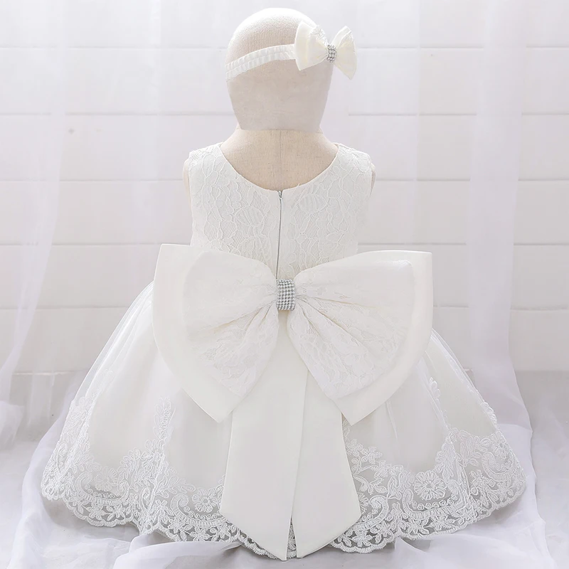 Newborn White Baptism Dress For Girls Infant Baby 1 Year Birthday Wedding Party Dresses Big Bow Lace Baby Girl Summer Clothes