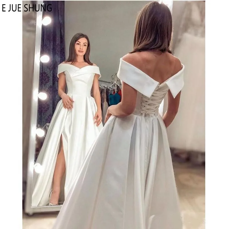 E jue shung sexy cetim vestidos de casamento fora do ombro rendas até voltar vestidos de noiva lado divisão simples vestido de casamento noiva