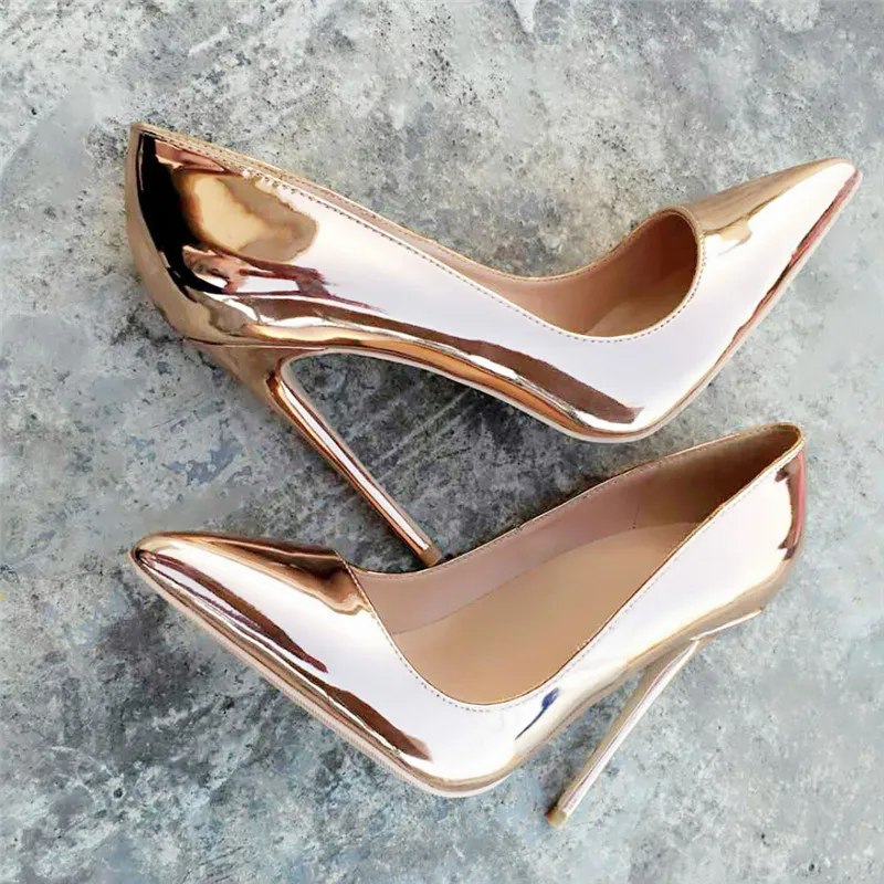 Tikicup Women Shiny Gold Pointed Toe Stiletto High Heels Sexy Ladies Patent Pumps 12cm 10cm 8cm Sparkly Wedding Bridal Shoes