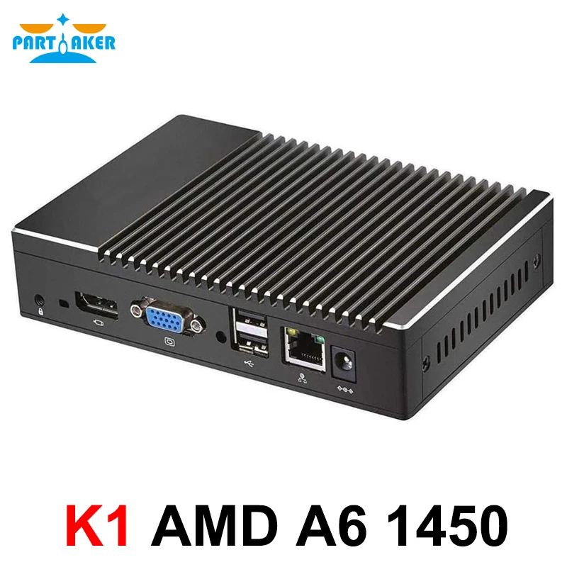 Parteaker Mini PC senza ventola AMD A6 1450 Quad Core Computer industriale Mini PC desktop Windows 10 Pro HDMI VGA Accensione automatica