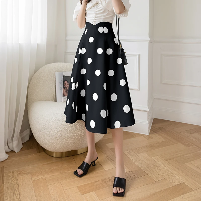 

Women's Vintage Medium Skirt Solid Black White Dot Pattern High Waist A-Line Knee Length Women Skirts Spring Summer 2021