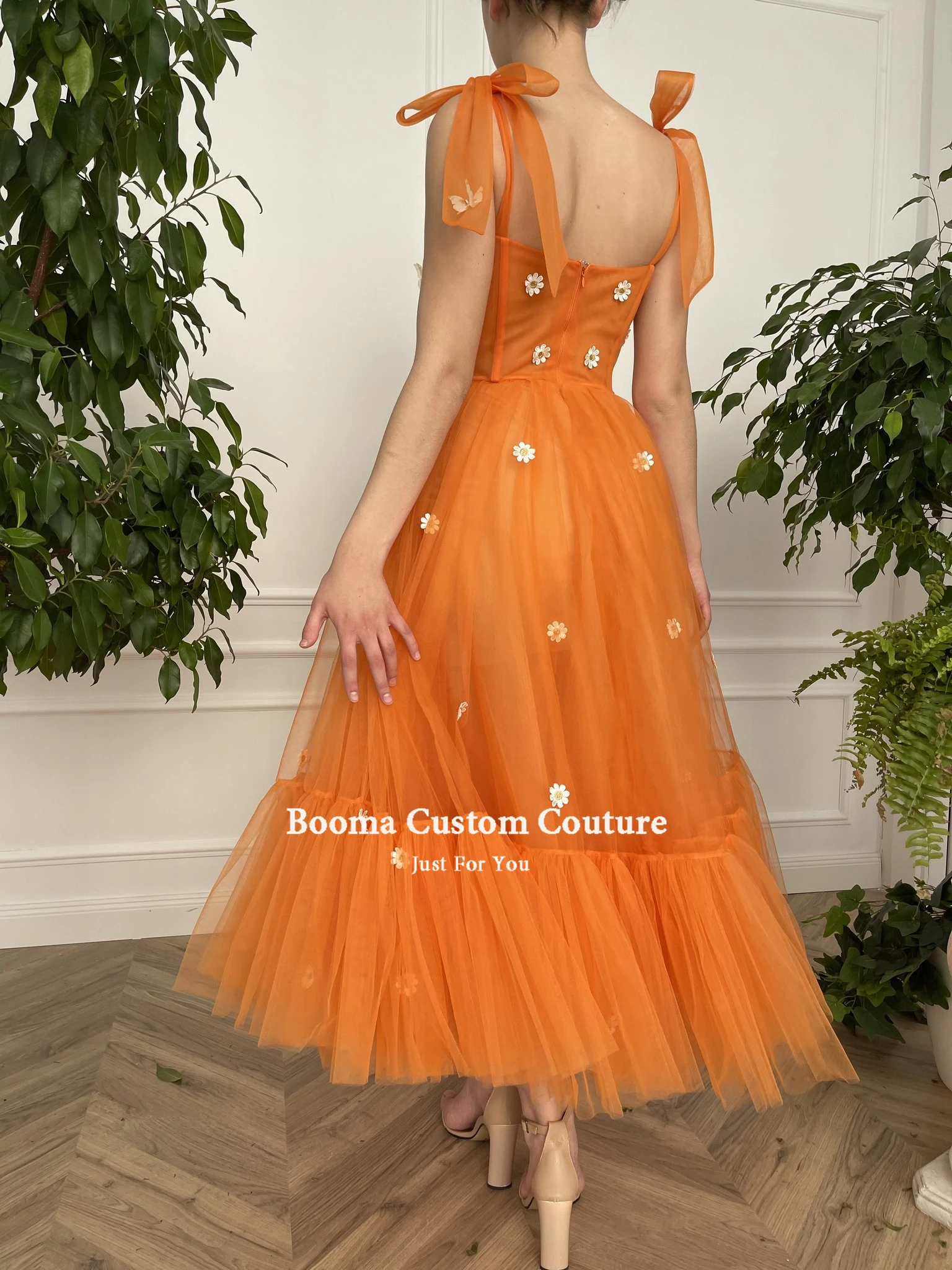 Booma Sweetheart Orange Tulle Prom Dresses Bow Straps Tea-Length Prom Gowns A-Line Midi Wedding Party Dresses Customized