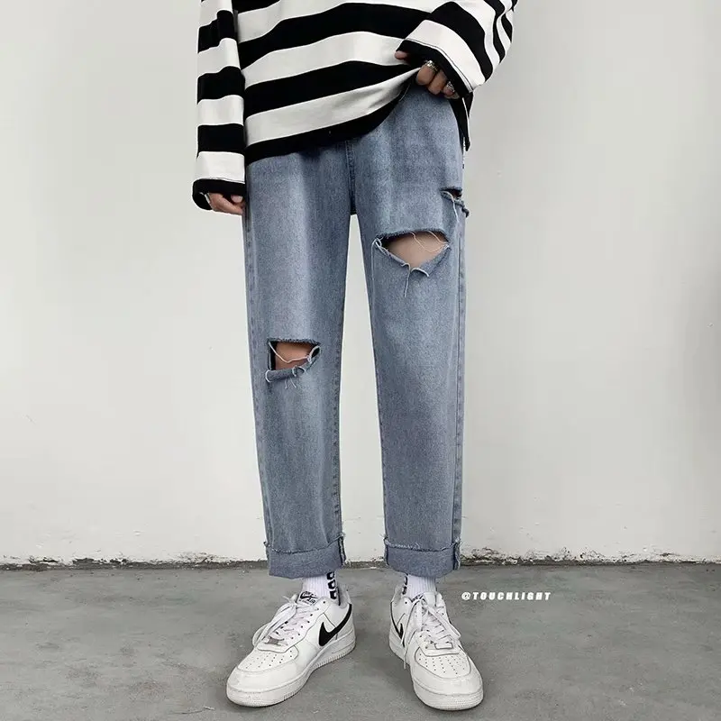 High street personality burr hole jeans Korean fashion casual loose versatile 9-point pants straight tube streetwear