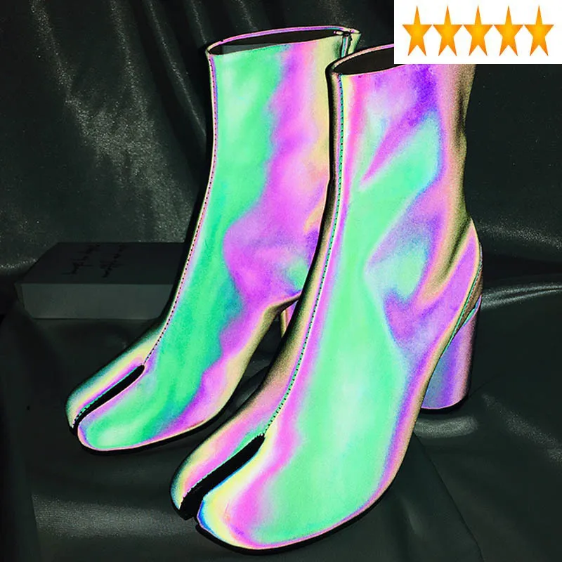 

New Runway Split Toes 2021 Apart Ankle Boots Women Luxury Designer Reflective Leather Round High Heels Booties Shoes Woman 35-39