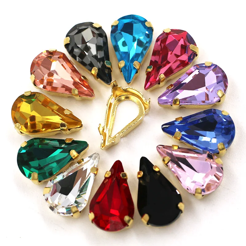 8X13mm High Quality Teardrop Shape Glass Crystal Stones Sewing Golden Claw Setting Rhinestones For Clothing/Crafts