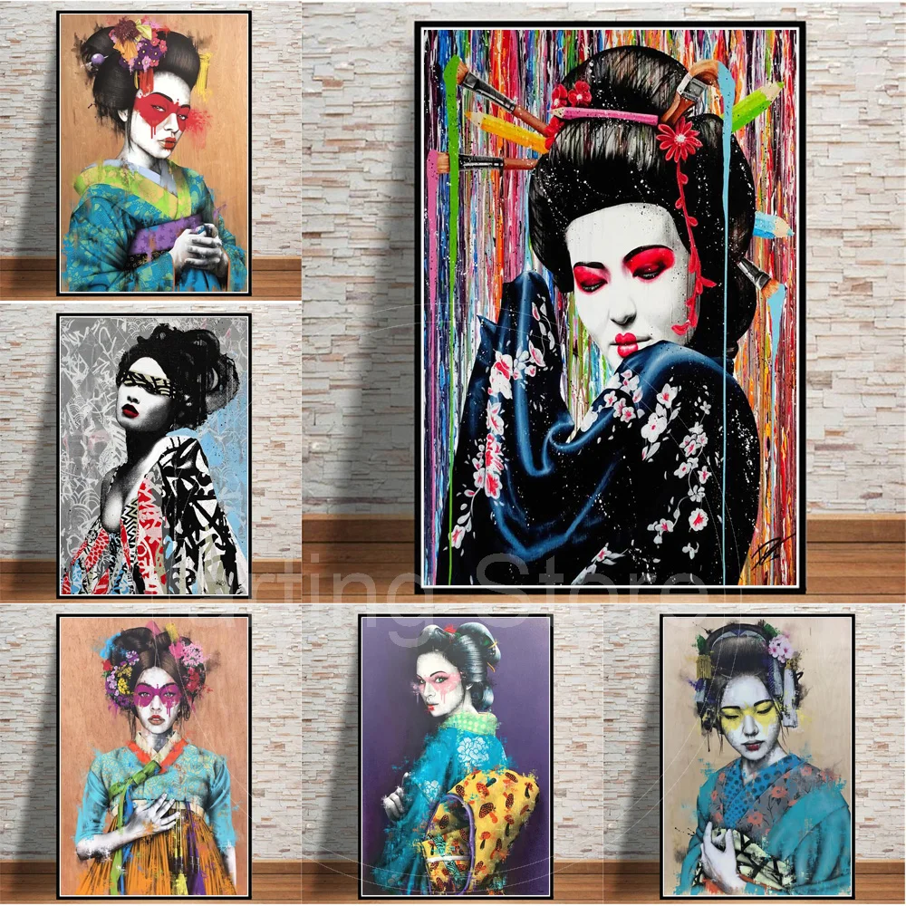 Abstract Graffiti Poster And Prints Japanese Geisha Watercolour Wall Art Beauty Canvas Painting For Living Room Decoration