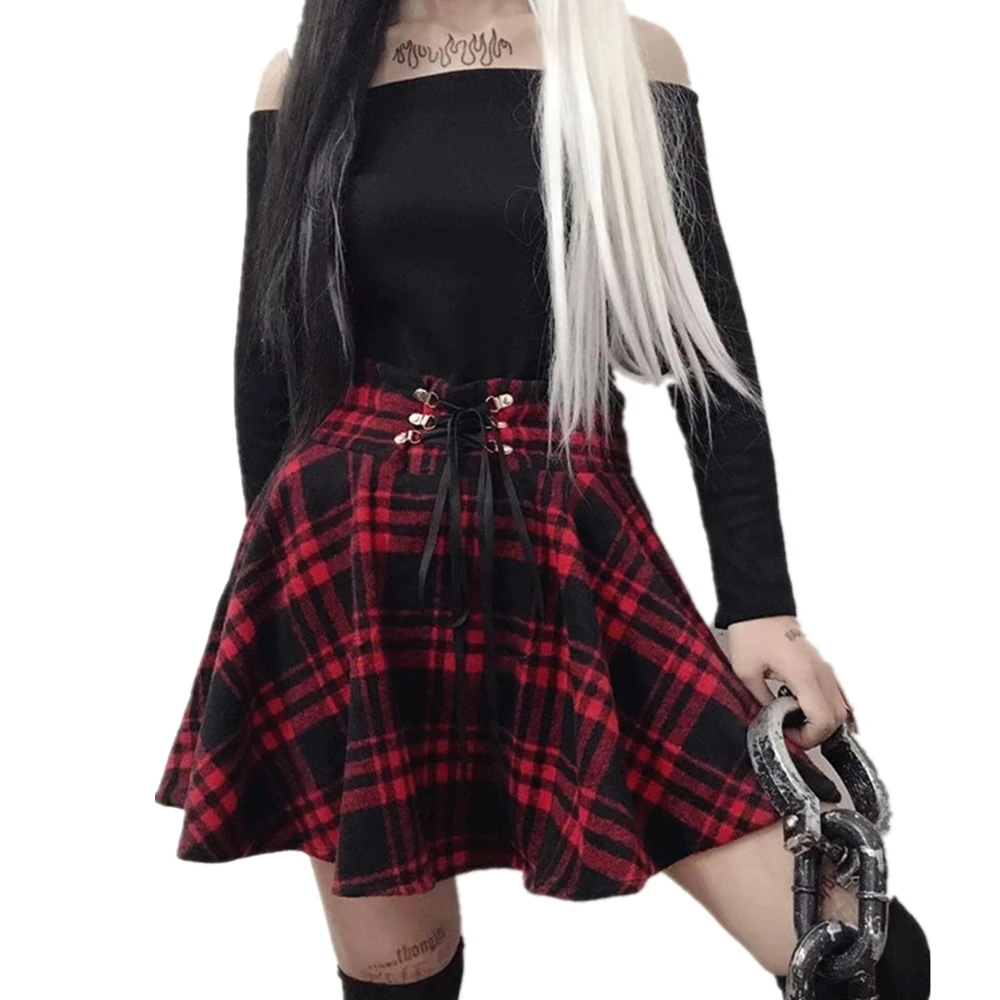 

2024 High Waist Mini Gothic Skirt Lace Up Front A-Line Checkered Harajuku Dancing Clubwear Women Style Sweat Short Punk Skirts