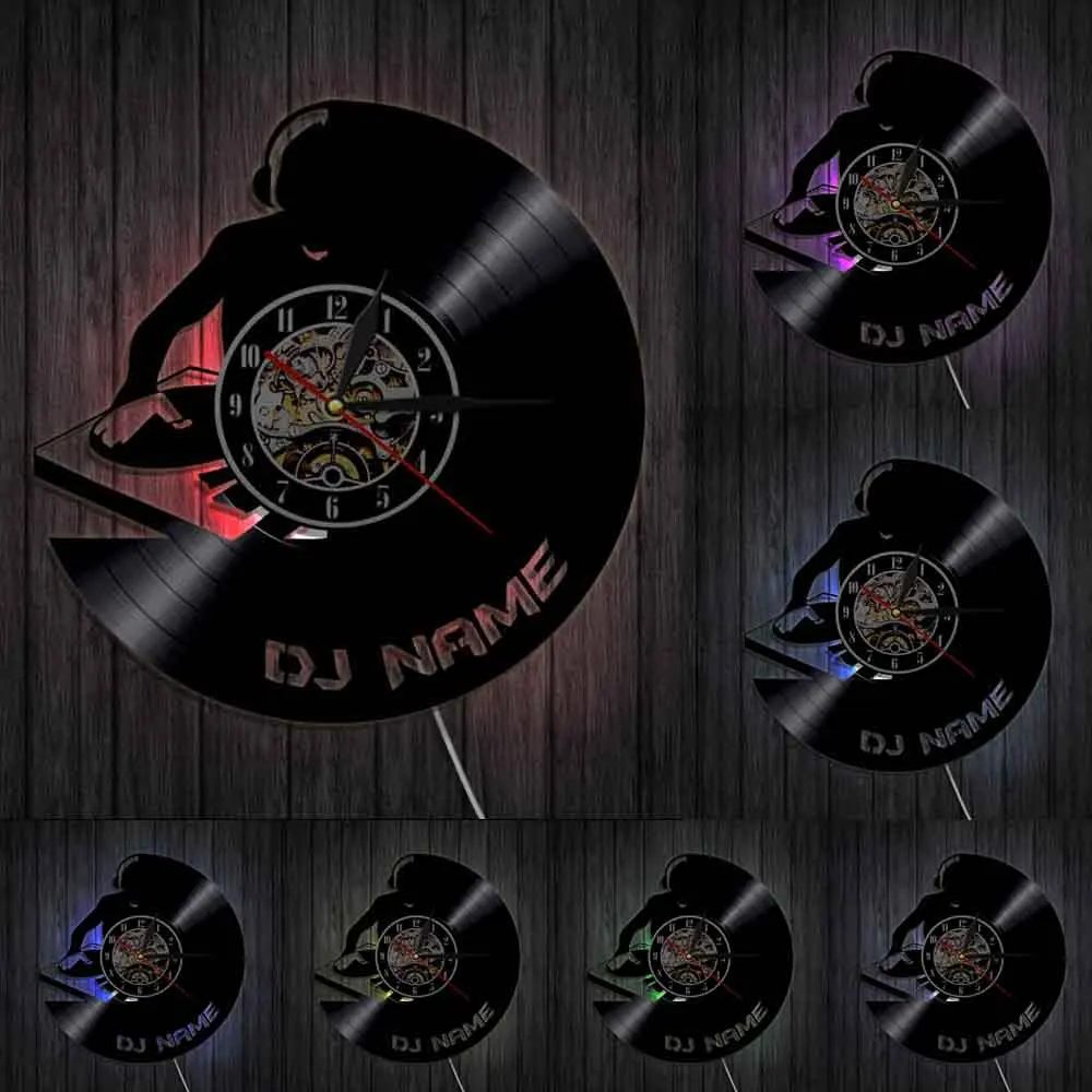 Custom DJ Name Wall Art Decorative Clock Put Your Hands Up DJ Silhouette Retro Music Vinyl Record Hanging Decor For Pub Bar view 5