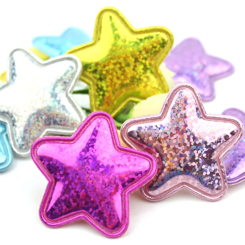 

48Pcs 4cm Shiny PU Leather Star Shape Padded Appliques For Crafts Headwear DIY BB Clip Accessories Baking Decoration Wholesale