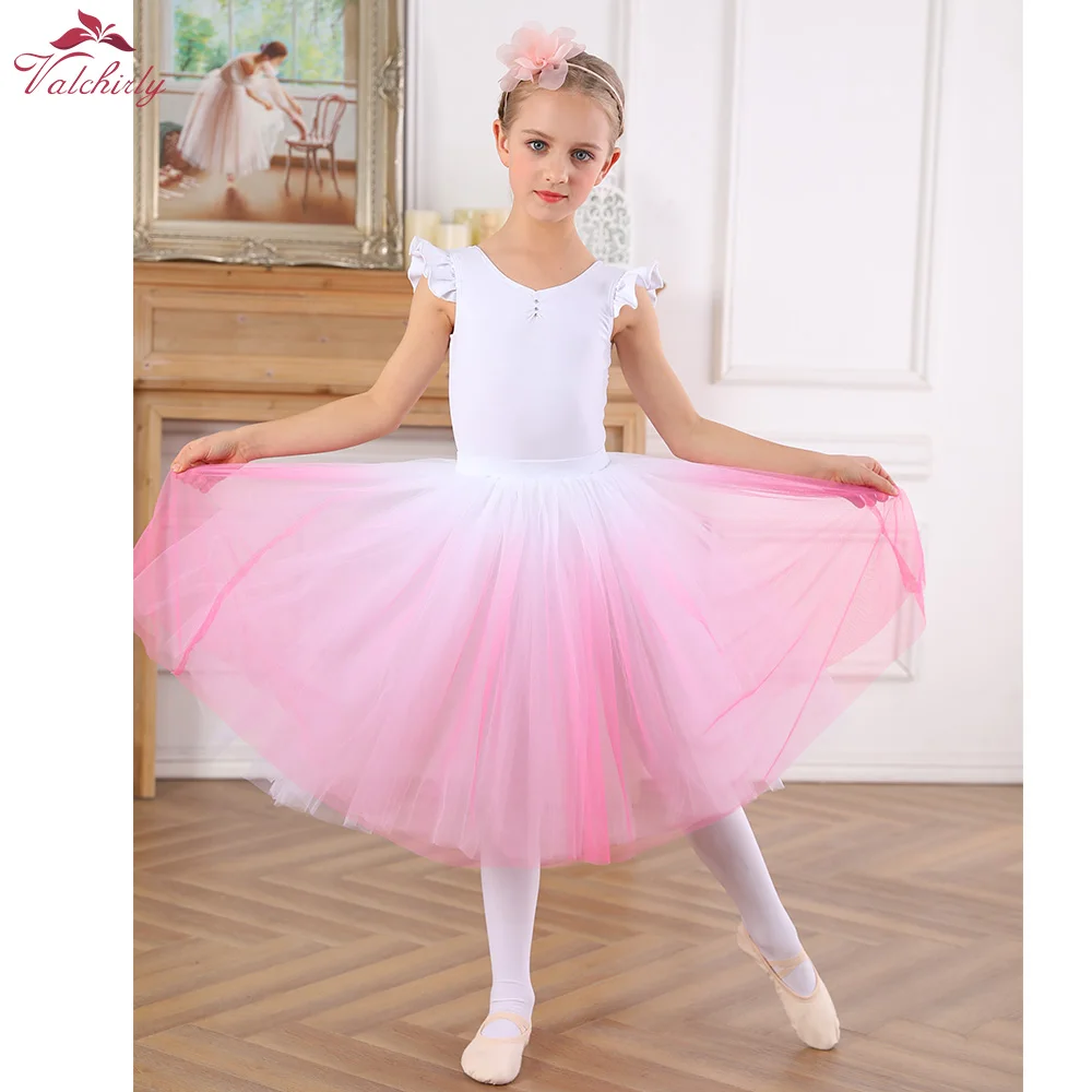 New Girls White Ballet Leotard with Long Gradient Pink Tulle for Performance Dance Costume