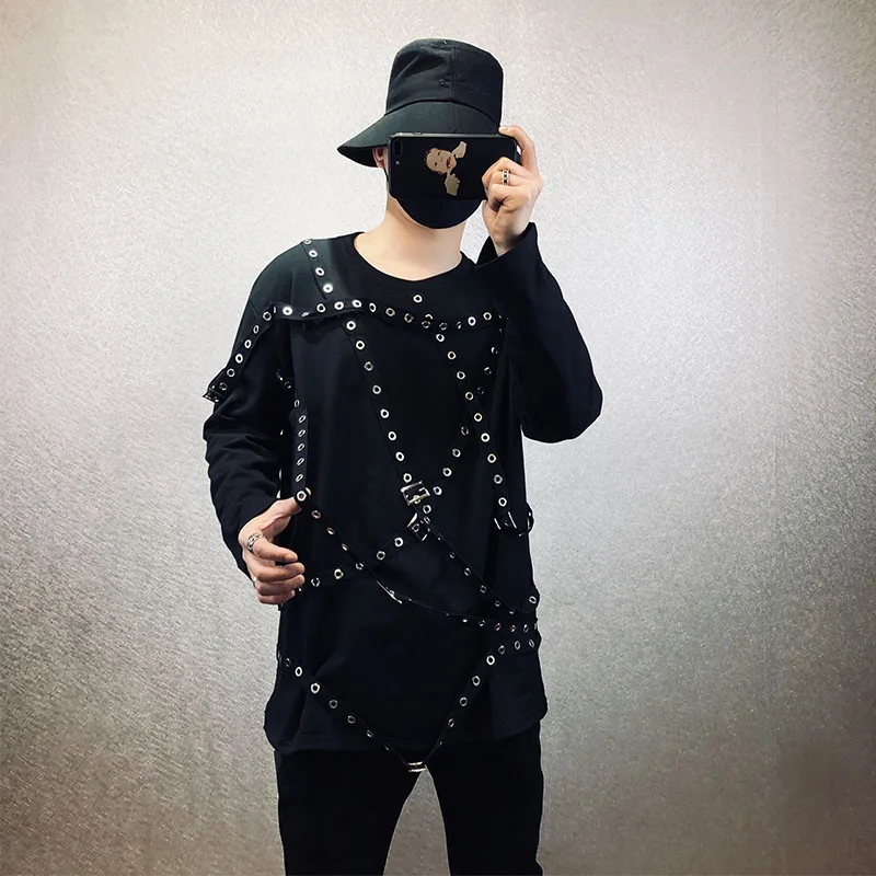 Original personality loose heavy craft punk style solid color irregular decorative T shirt dark base bottom T shirt trendy male