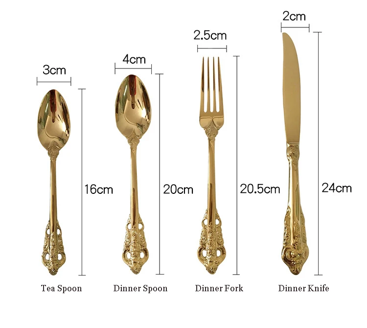 Gold Plated Relief Retro Vintage Western Cutlery Dining Knives Forks Teaspoon Set Golden Luxury Dinnerware Tableware Set