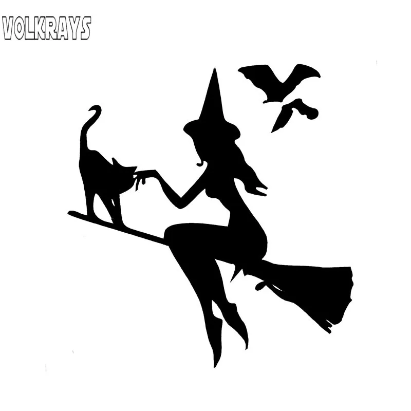 Volkrays Cartoon Car Sticker Witch on Broomstick with Cat & Bats Vinyl Waterproof Sunscreen Decal Black Silver,14cm*13cm