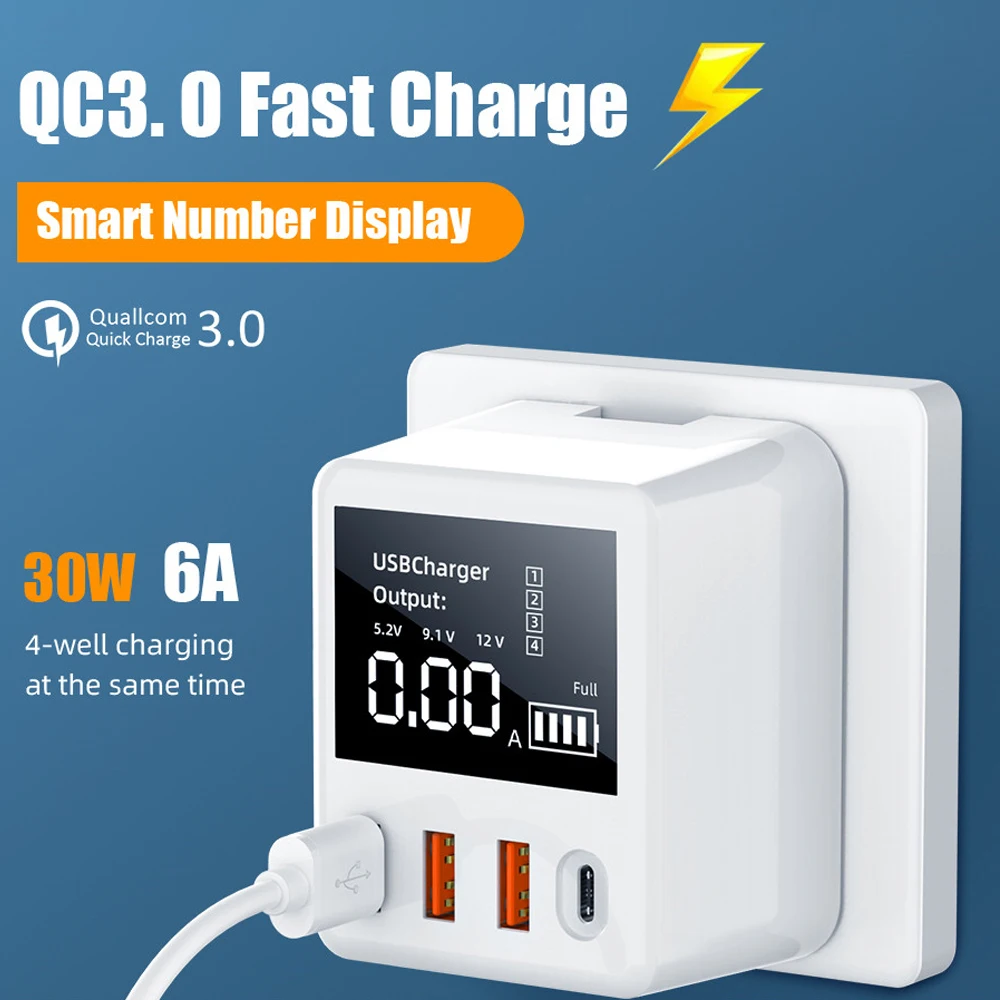 30W QC3.0 iphone Samsung Fast Charging USB Charger 4 Ports LED Display Portable Phone Charger for Xiaomi Huawei LG ZTE Sony MP4