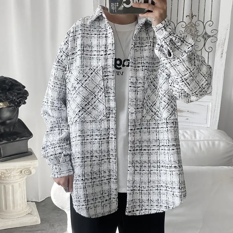 Spring and autumn male plaid shirt Korean fashion casual jacket released man harajuku streetwear retro sleeve shirt
