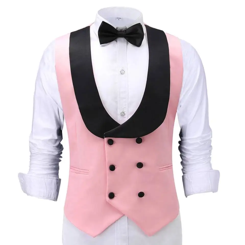 

2021 New Arrival Men's Suit Vest Black Lapel Pink Vest Double Breast Button Waistcoat Formal Business Vest Groomman For Wedding