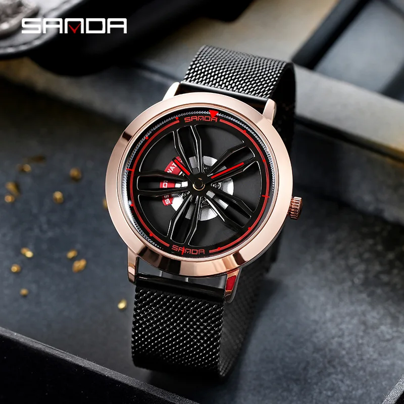 

2021 Minimalist Men's Watches Fashion Spin Car Wheel Quartz Wristwatch With Or Without Scale Metal Mesh Belt Casual Male Clock